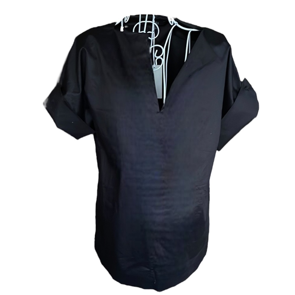 NEW COS slit front neckline top. Exaggerated sleeve cuffs. Polished cotton.